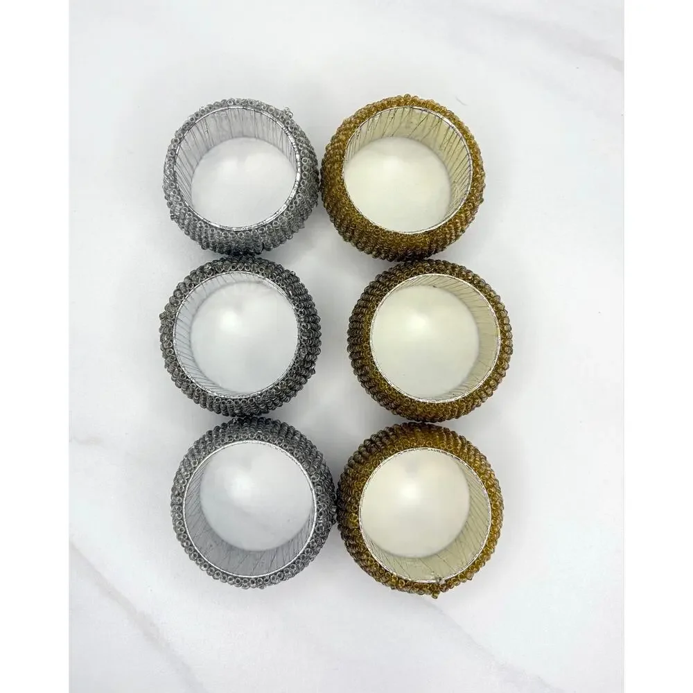 Vintage Glass Seed Bead Napkin Rings – Set of 6 (Gold & Silver Mix)